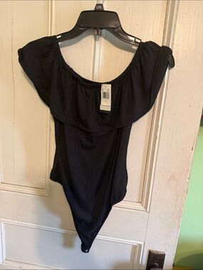 Discreet Black Off-Shoulder Kids Bodysuit with Ruffle